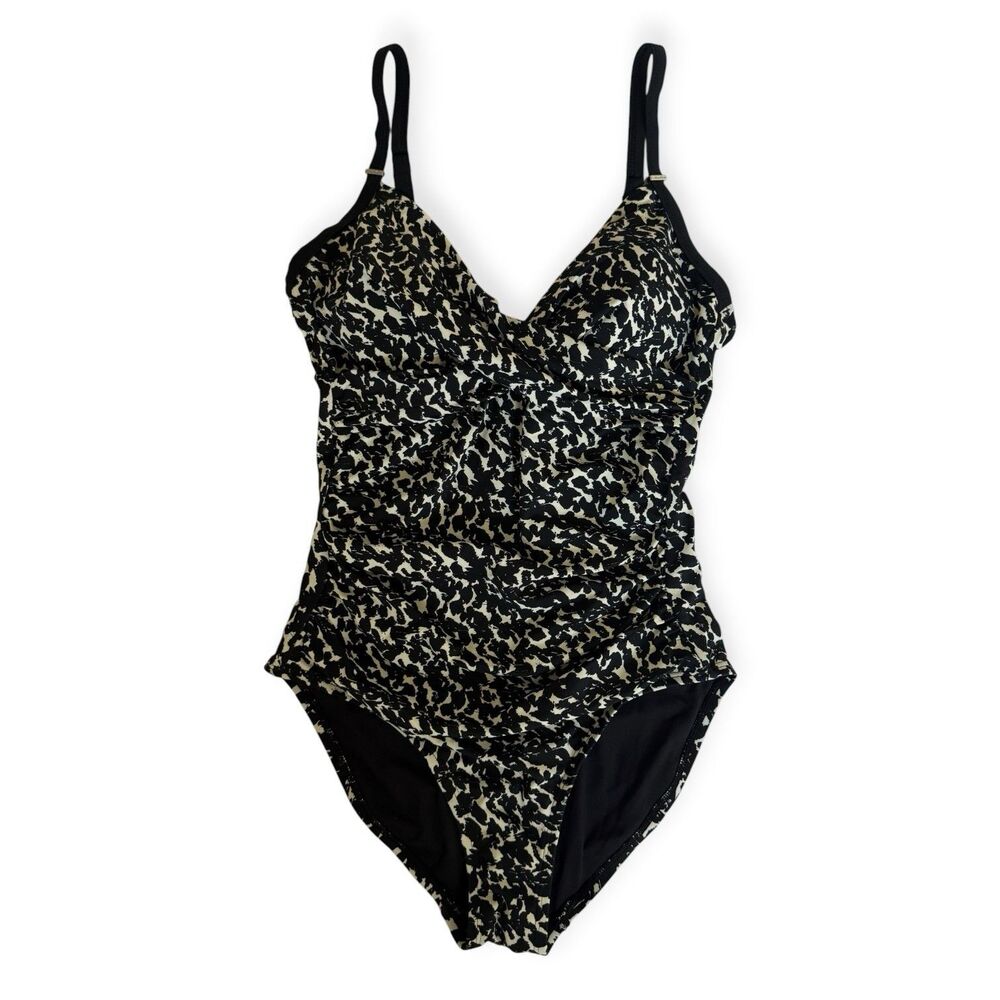 Calvin Klein Zebra Ikat Swimsuit Women 10 Ruched Tummy Control One Piece Black